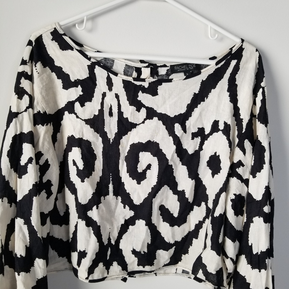 Rachel Zoe Black/Cream Geometric Long Balloon Sleeve Linen Blend Blouse Size L - Picture 6 of 11